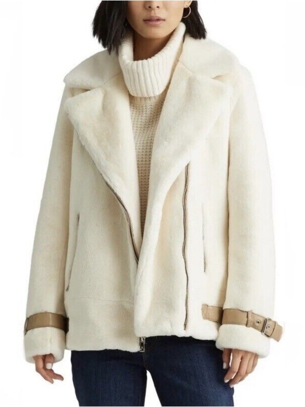 Lauren Ralph Lauren Petite Faux Fur Asymmetrical Moto Jacket – Size Small Petite